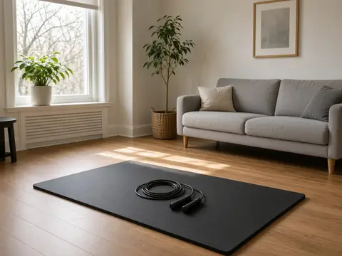 A black exercise mat with a coiled jump rope in a bright living room with a sofa and plants