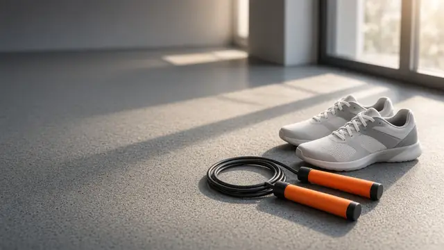 A speed jump rope with orange handles lying next to white training shoes on a sunlit gym floor