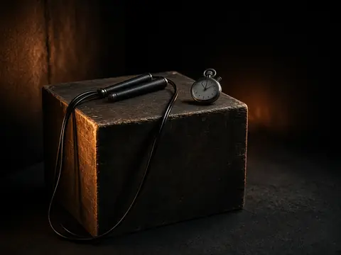 A jump rope draped over a wooden plyo box in a dim gym