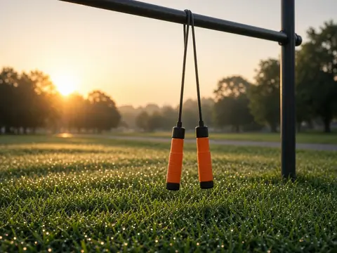 A jump rope with orange handles hanging from an outdoor pull-up bar at sunrise over grass